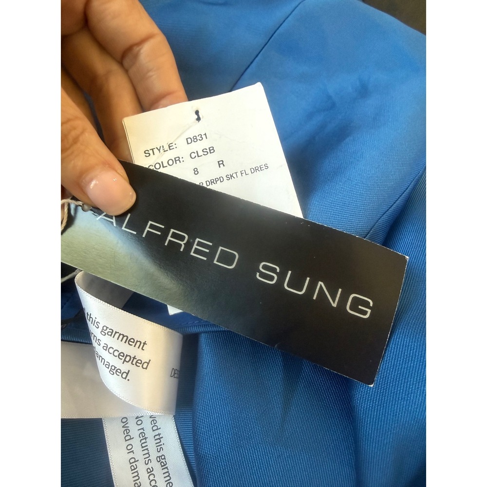 NWT Alfred Sung‎ D831 Classic Blue One-Shoulder Twill High-Low Gown Size 8 $252 - Picture 4 of 6